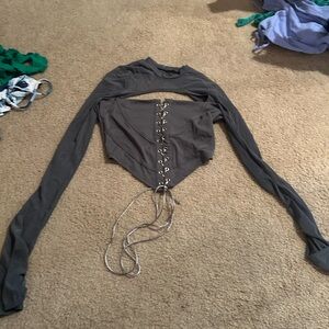 Gray Lace-Up Long Sleeve Top